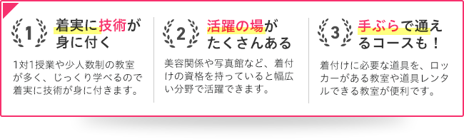 1着実に技術が身に付く2活躍の場がたくさんある3手ぶらで通えるコースも!