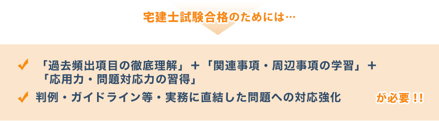 宅建士試験合格のためには…「過去頻出項目の徹底理解」+「関連事項・周辺事項の学習」+「応用力・問題対応力の習得」、判例・ガイドライン等・実務を意識した問題への対応強化、が必要!